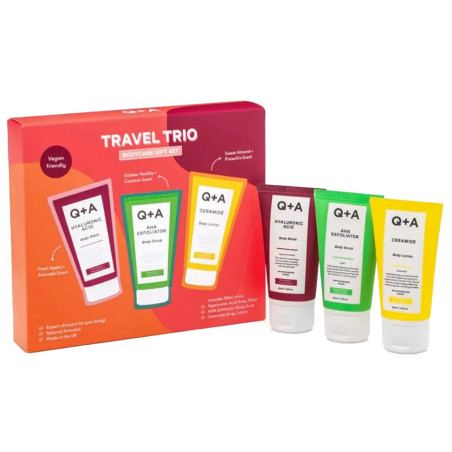 Набір Q+A Travel Trio — Body Wash, Body Scrub, Body Lotion по 50 мл — зволоження, пом'якшення, догляд за шкірою тіла — вигляд