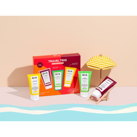 Набір Q+A Travel Trio — Body Wash, Body Scrub, Body Lotion по 50 мл — гіалуронова кислота, AHA, кераміди, делікатний догляд —
