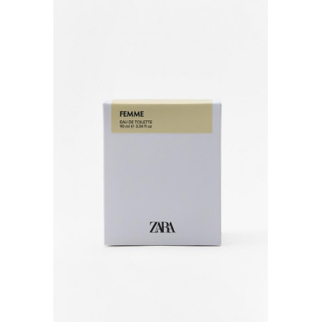 ZARA FEMME, 90 мл — флакон з білими та жовтими елементами, об'єм 90 мл, іспанська якість, теплий аромат — упаковка