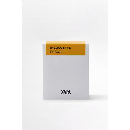 ZARA Woman Gold 90ml — аромат з нотами карамелізованого персика, фрезії, іланг-ілангу, амбри та мускусу — упаковка