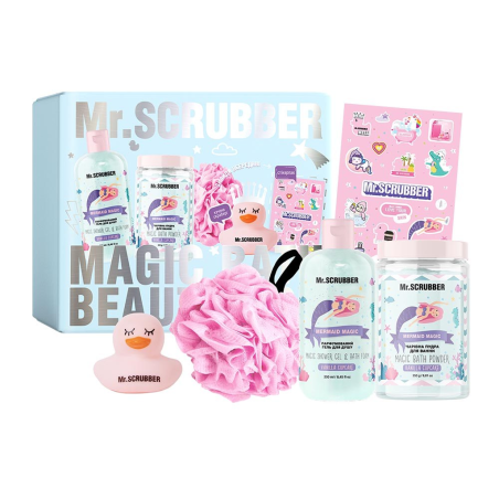 Подарунковий набір Mr.Scrubber Cupcake: гель для душу 250 мл, пудра для ванни 250 г, стікерпак, мочалка, каченя 5 шт — яскраві