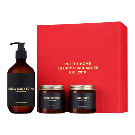 Подарунковий набір POETRY HOME Soft Skin — лосьйон для тіла, скраб для тіла, сіль для ванни, 300 мл/300 г/300 г, живлення та