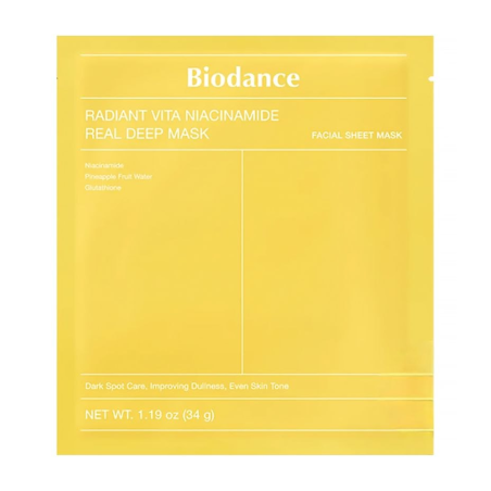 Маска гідрогелева освітлювальна Biodance Radiant Vita Niacinamide Real Deep Mask 34 г — боротьба з пігментацією та чорними