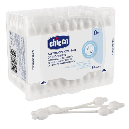 Ватні палички дитячі Chicco Cotton Buds 90 шт — з 100% бавовни, антибактеріальні, з обмежувачем, вигляд товару