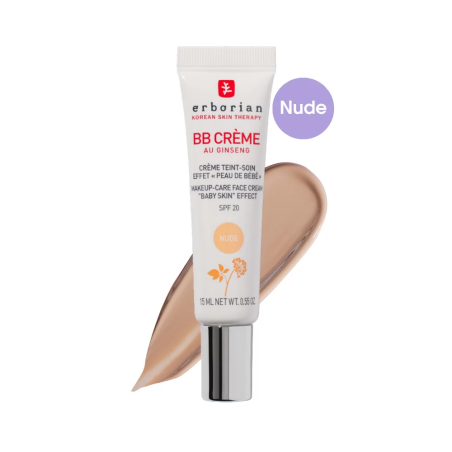 Тонуючий BB-крем Erborian BB Cream au Ginseng SPF20 NUDE 15ml — вирівнює тон, приховує недосконалості, створює ефект немовляти