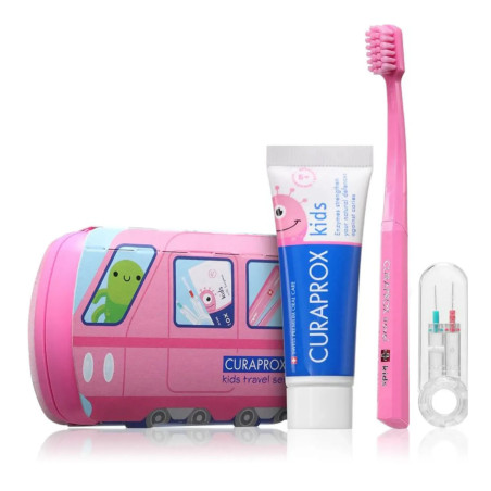 Набір Curaprox Kids Travel Set рожевий: щітка, паста 10 мл, йоржики — дорожній кейс для дітей, 5500 ультрам'яких щетинок —