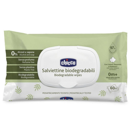 Серветки дитячі вологі Chicco Biodegradable Wipes Без Сліз біорозкладні з пантенолом та вітаміном Е 60 шт — упаковка