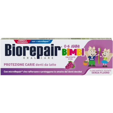 Зубна паста для дітей Biorepair Kids Milk Teeth 50ml — без фтору, рідка емаль, екстракт винограду, 0-6 років — упаковка