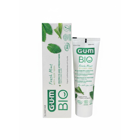 Органічна зубна паста GUM Bio 75ml — фтор, екстракт стевії, листя м'яти, сік алое, сертифікат COSMOS ORGANIC — упаковка