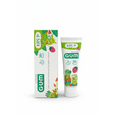 Зубна паста-гель GUM Kids 3+ 50ml — фтор, ізомальт, фторид натрію, полуничний смак, захист молочних зубів — упаковка