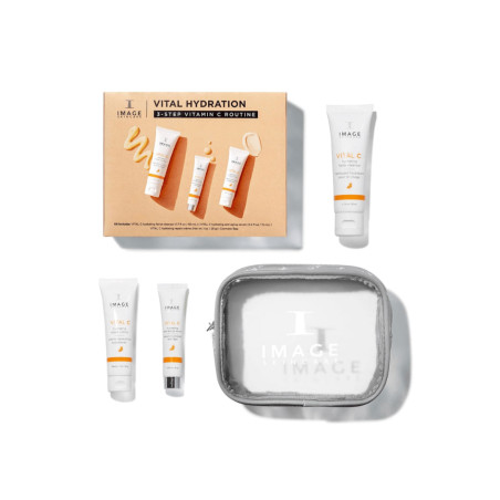 Набір для зволоження Image Skincare Vital Hydration 3-Step Vitamin C Routine — молочко, сироватка, крем та косметичка, для всіх