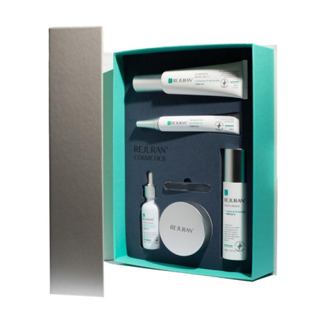 Набір REJURAN Clinic Care Set для омолодження шкіри — сироватка, гель під очі, креми, сонцезахисний крем — упаковка