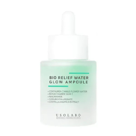 Сироватка заспокійлива USOLAB Bio Relief Water Glow Ampoule 30 мл — гідролат волошки, фукогель, ніацинамід — упаковка