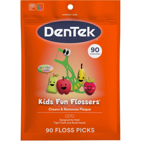 DenTek Kids Fun Flossers — дитячі флоси з тримачами, дикий фрукт, 90 шт, фтороване покриття, захист від карієсу, яскравий