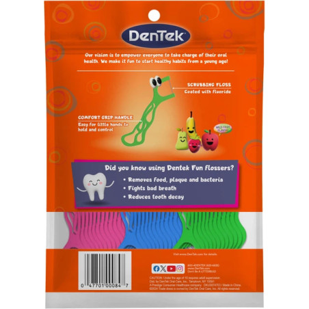 DenTek Kids Fun Flossers — дитячі флоси з тримачами, дикий фрукт, 90 шт, фтороване покриття, захист від карієсу, яскравий