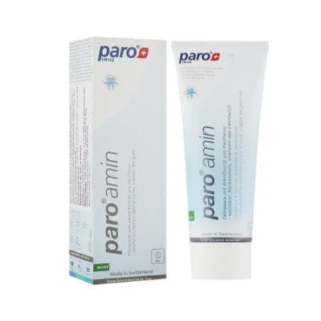 Зубна паста Paro Swiss Paro Аmin 75ml — амінофторид 1250 ppm, пантенол для здоров'я ясен — упаковка