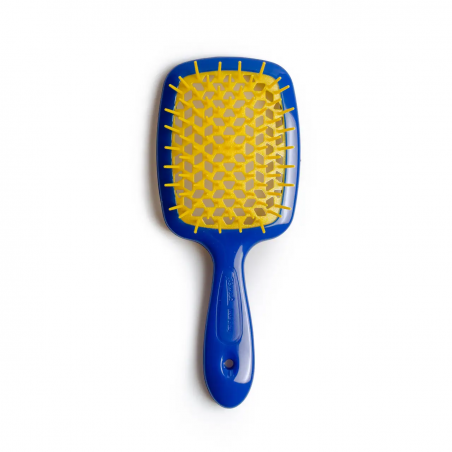 JANEKE SUPERBRUSH синя з жовтим — щітка для волосся зі спеціально закругленими кінчиками зубців, делікатний масаж голови, легке