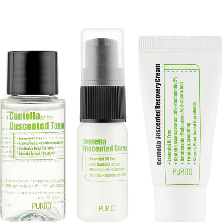 Purito Centella Unscented Mini Kit — відновлювальний мінабір для чутливої шкіри, тонер, сироватка, крем з центеллою — упаковка