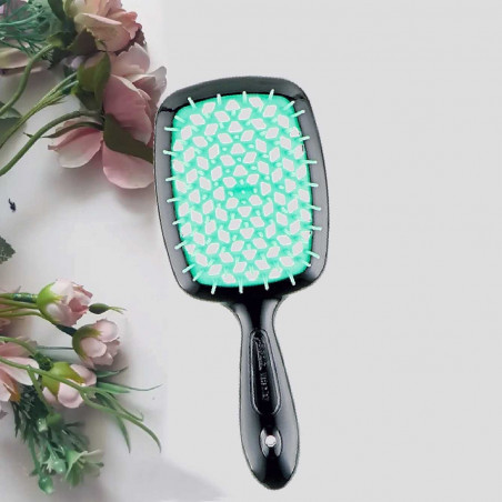 Щітка для волосся JANEKE SUPERBRUSH чорна з бірюзою — делікатний масаж, не електризує, для всіх типів волосся, гнучкі нейлонові