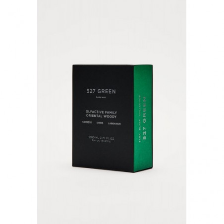 ZARA 527 Green 80ml — сучасний флакон з прозорого скла, зелені акценти, мінімалістичний дизайн, іспанська якість — упаковка
