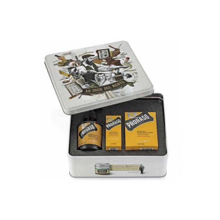 Proraso Metal Box Beard Care: набір для бороди 200/100/30мл, шампунь, олія, бальзам, аромат кедру — упаковка