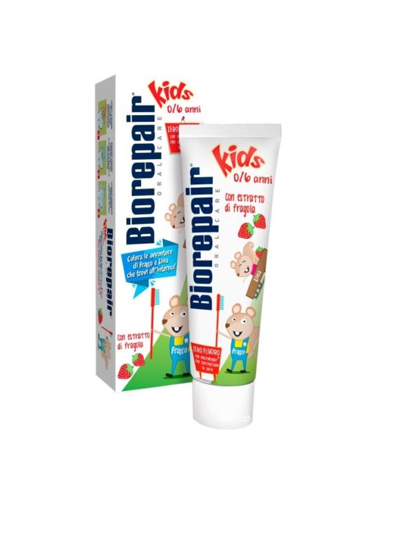 Зубна паста для дітей 0-6 років без фтору, з рідкою емаллю з екстрактом суниці Biorepair Junior Topo Gigio Cartoon 50ml