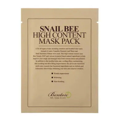 Тканинна маска з муцином равлика та бджолиною отрутою Benton Snail Bee High Content Mask Pack, 20 g