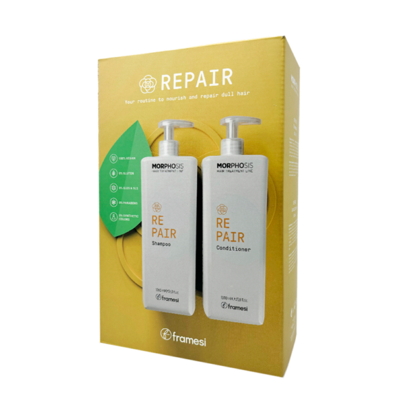 Набір для тьмяного, пошкодженого волосся з рослинними керамідами, мікрокератином Framesi Kit Morphosis Family Pack Repair 1000 ml (Repair Shampoo, Repair Conditioner)
