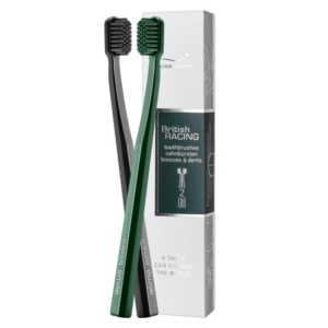 Набір з 2 м’яких зубних щіток Базель (Green and Black) виготовлених з CUREN, якіснішої та довговічнішої альтернативи нейлону Swiss Smile British Racing