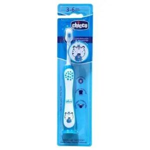 Зубна щітка для догляду за зубами дитини від 3 до 6 років на присосці зі скребком для очищення язика та ковпачком, синя Chicco Milk Teeth 3-6 anni years