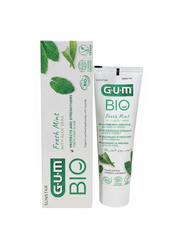 Органічна зубна паста з фтором, екстрактом стевії, листя м'яти та соком листя алое GUM Bio 75ml