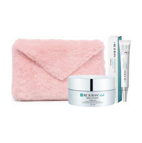 Косметичний набір (відновлювальний гель навколо очей, гелеві патчі під очі, косметичка-конверт рожева) REJURAN Glow Eye Set