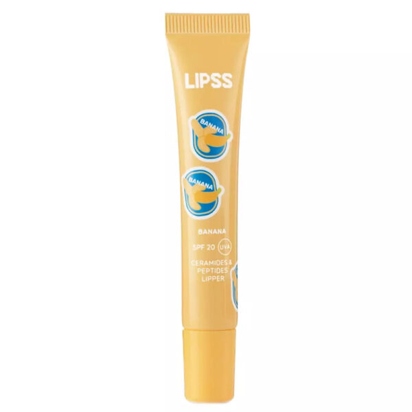 Блиск для губ ніжно-рожевий із блискітками з ароматом банану LIPSS Ceramides & peptides lipper Banana SPF 20 10ml